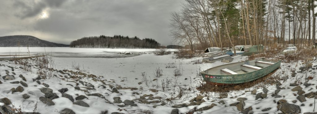 Brewster Reservoir off Old Milltown Road; Panorama with green boat, snow and overcast sky;   HDRI